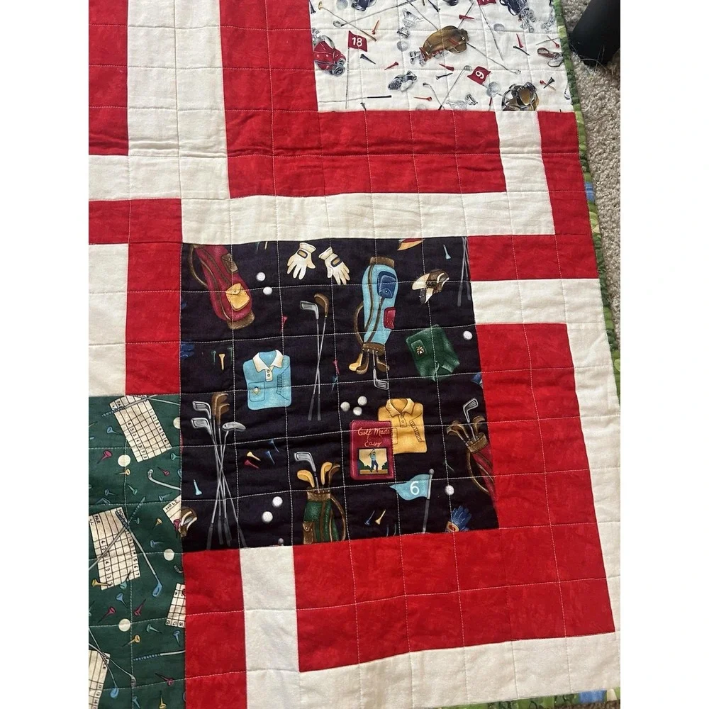 VINTAGE Patchwork Quilt Golf Themed On Both Sides 1950's